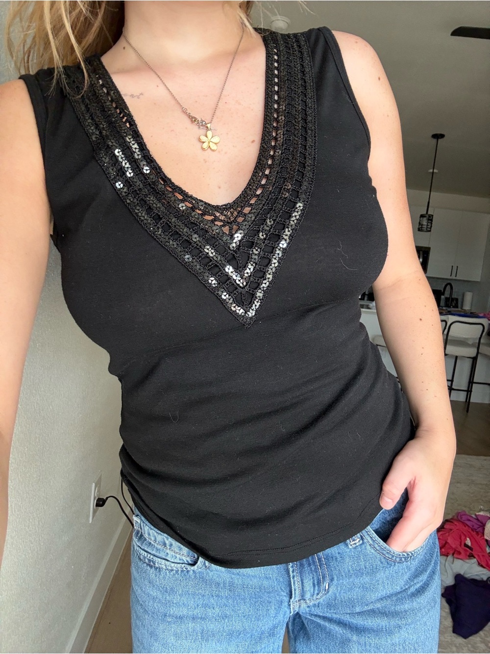 Storm Black V-Neck Tank with Crochet & Sequin Accents